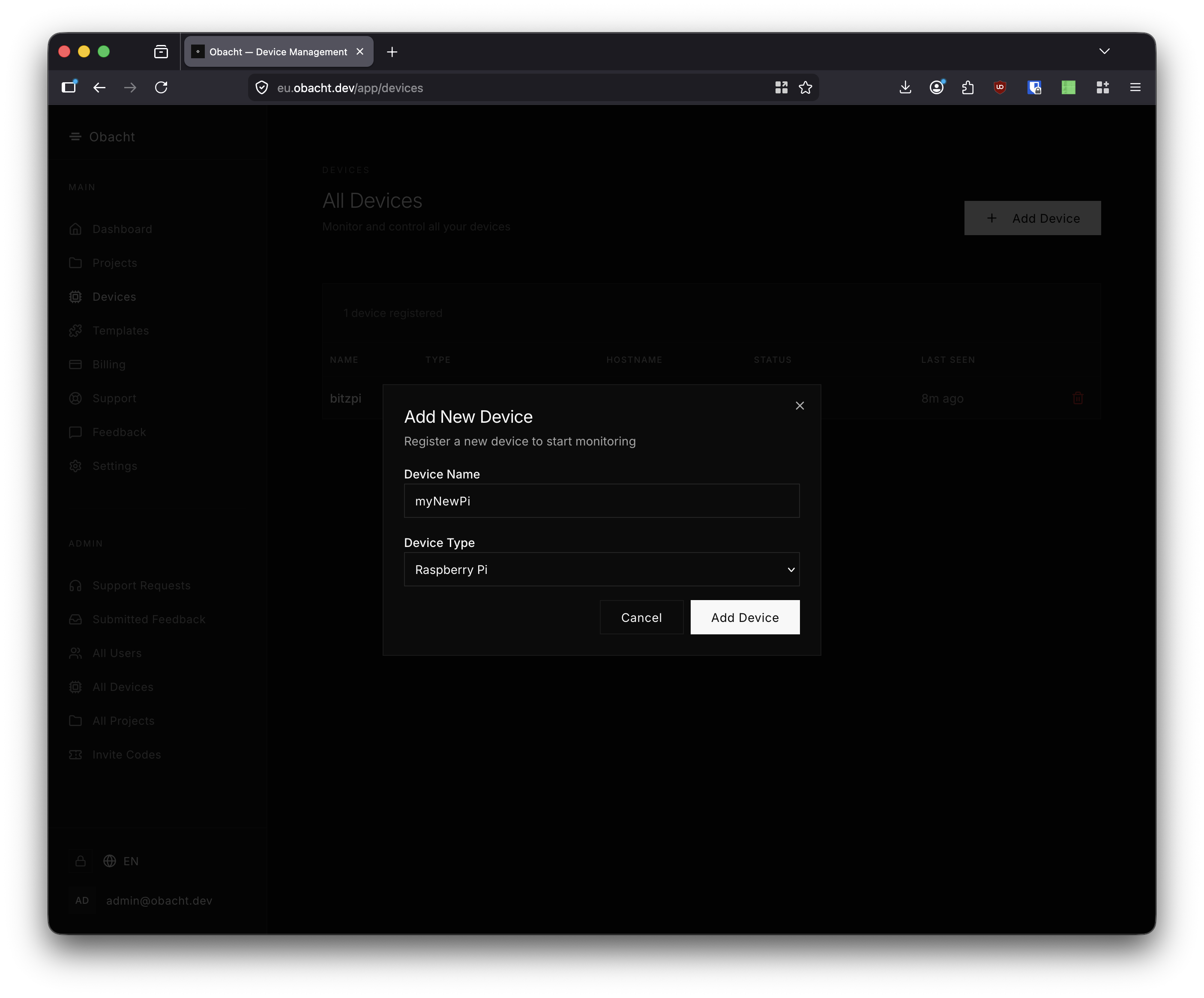 Add New Device dialog