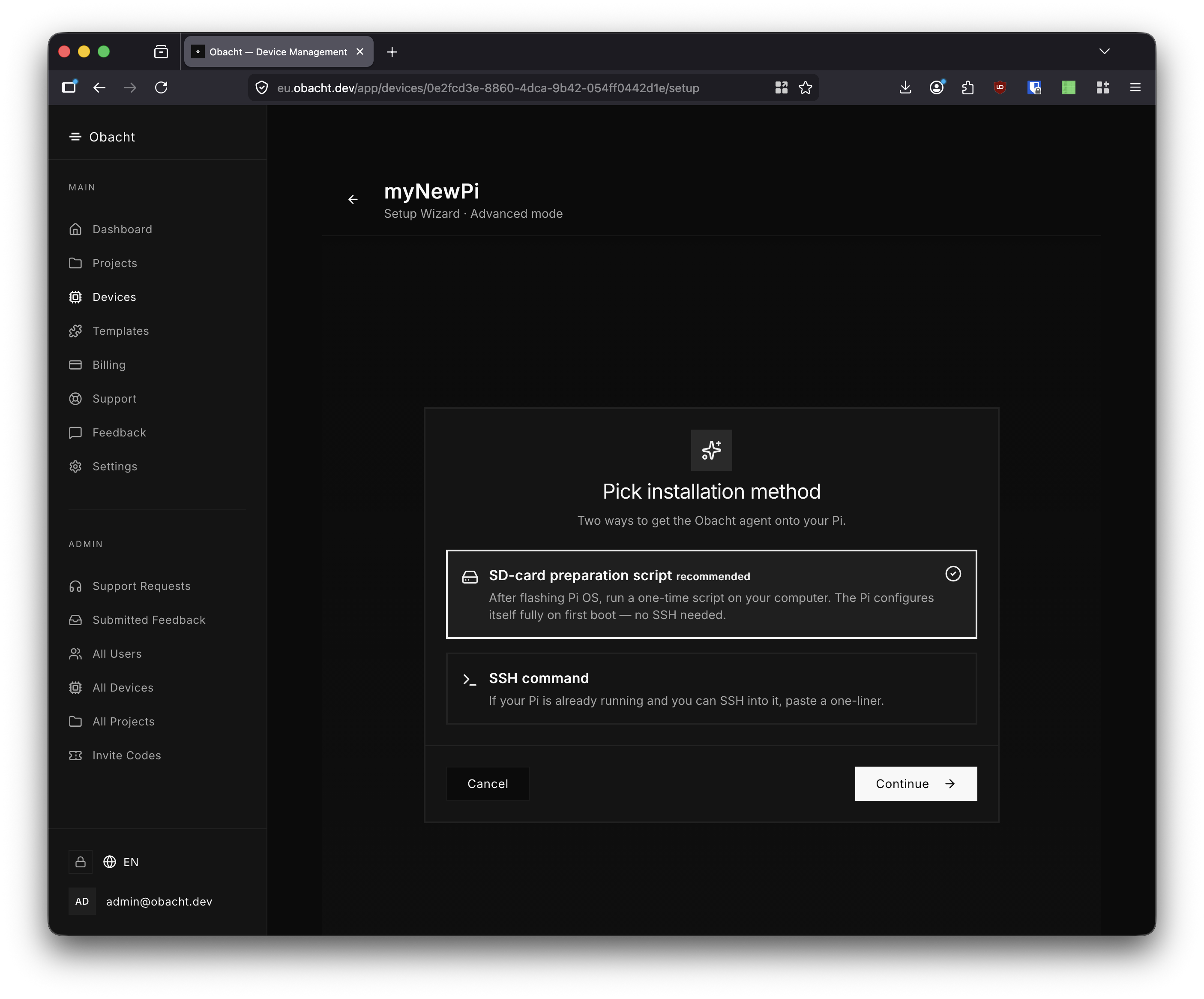 Pick installation method