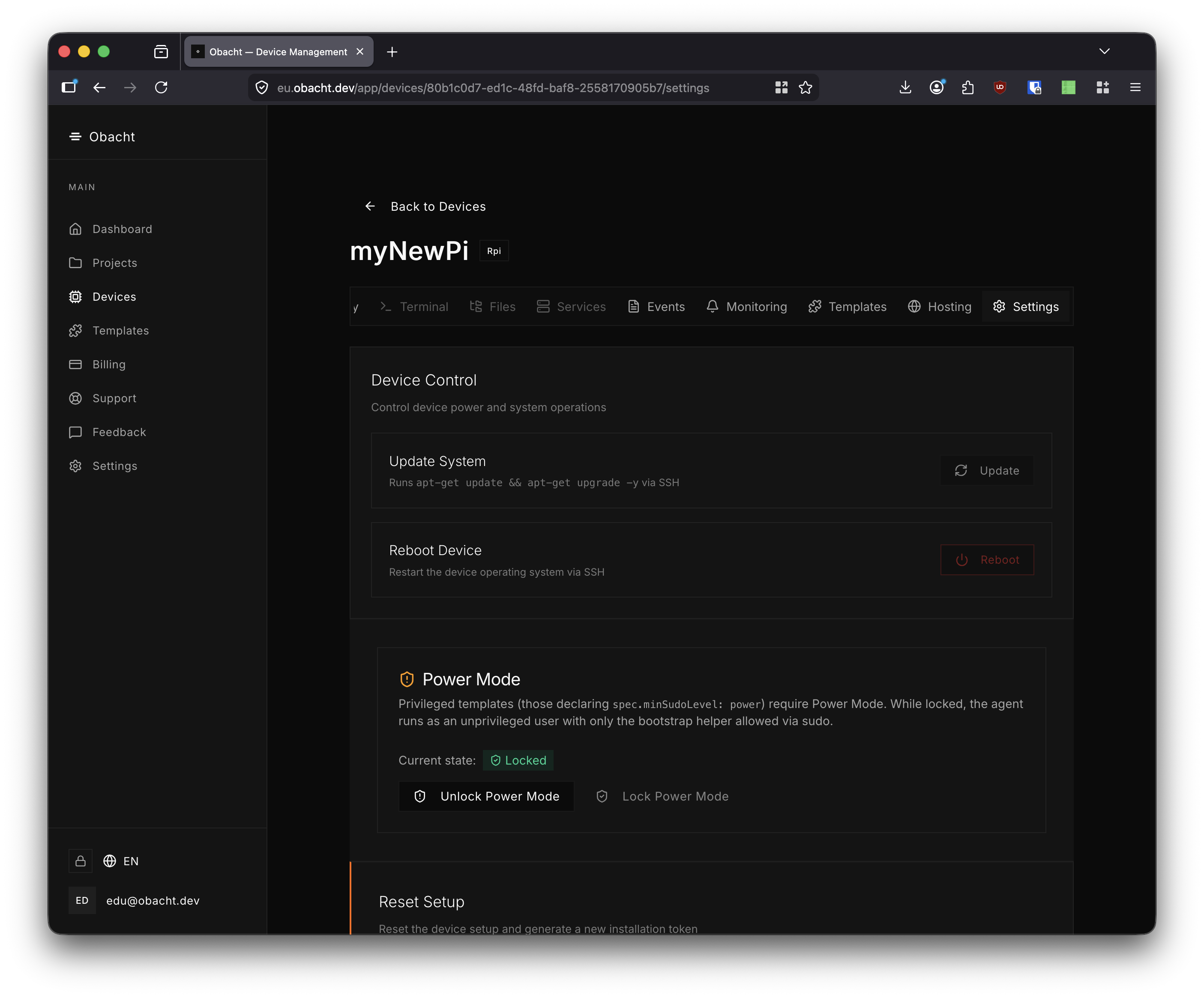 Settings — Power Mode locked