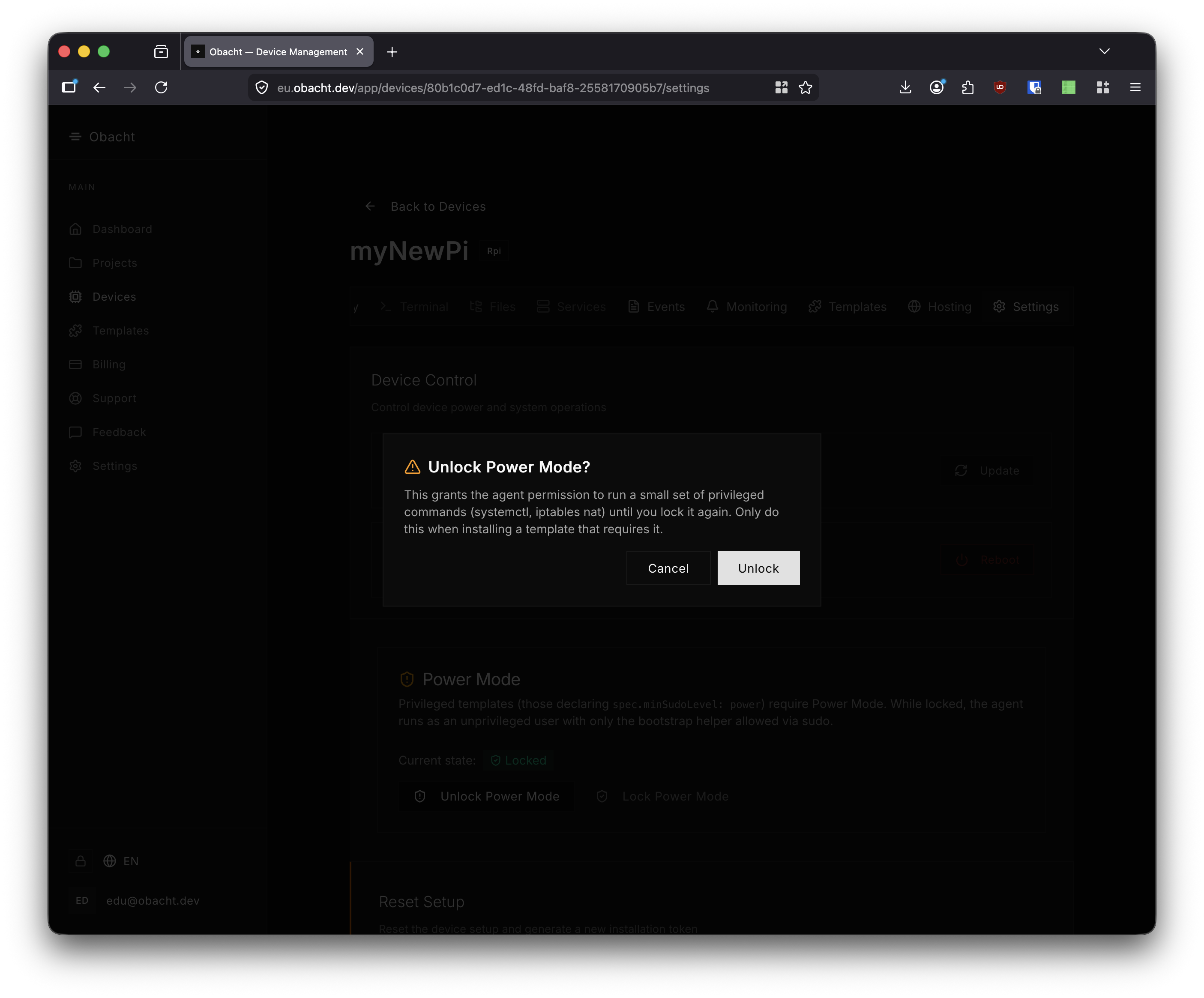 Unlock Power Mode confirmation
