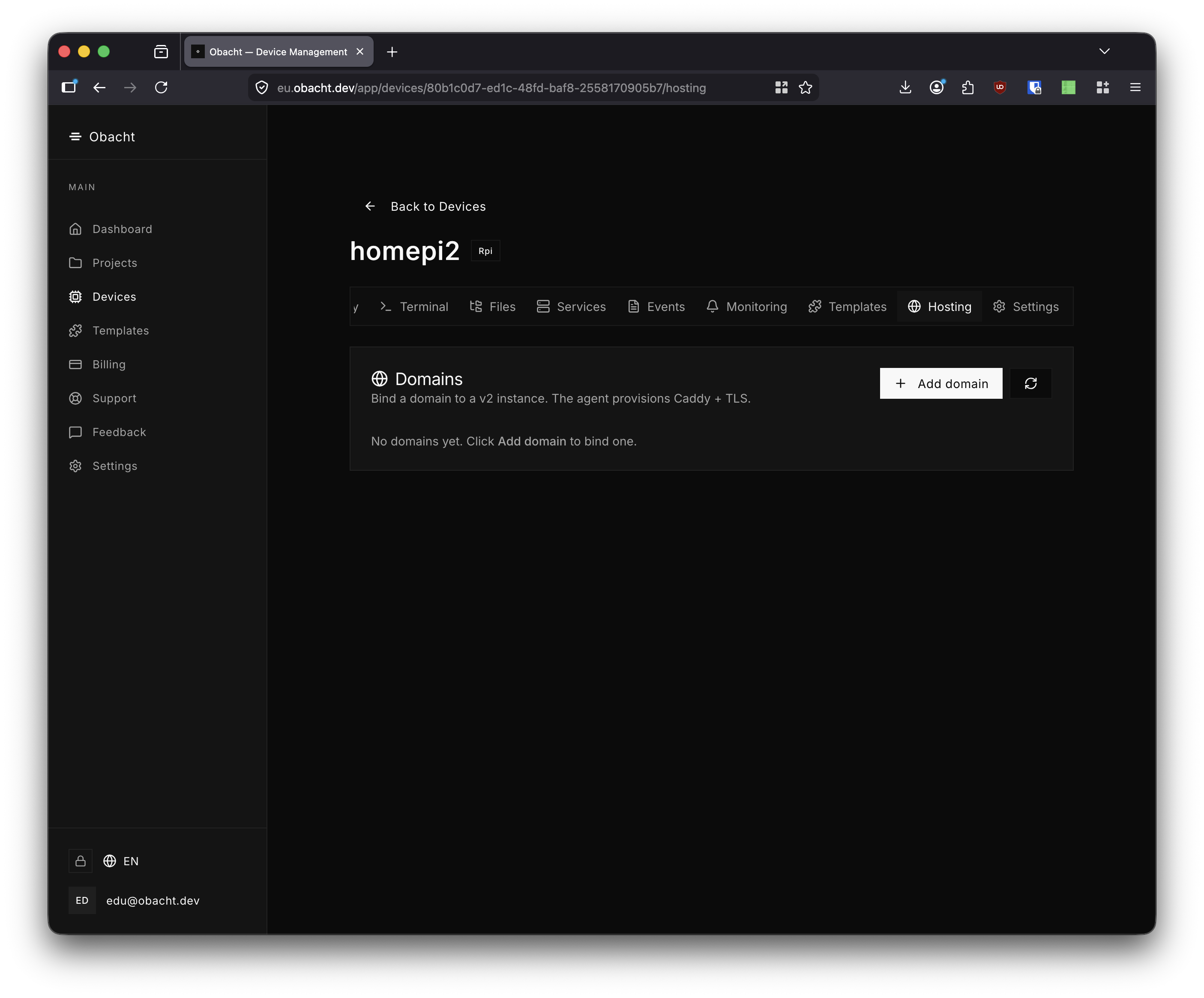 Hosting tab — no domains
