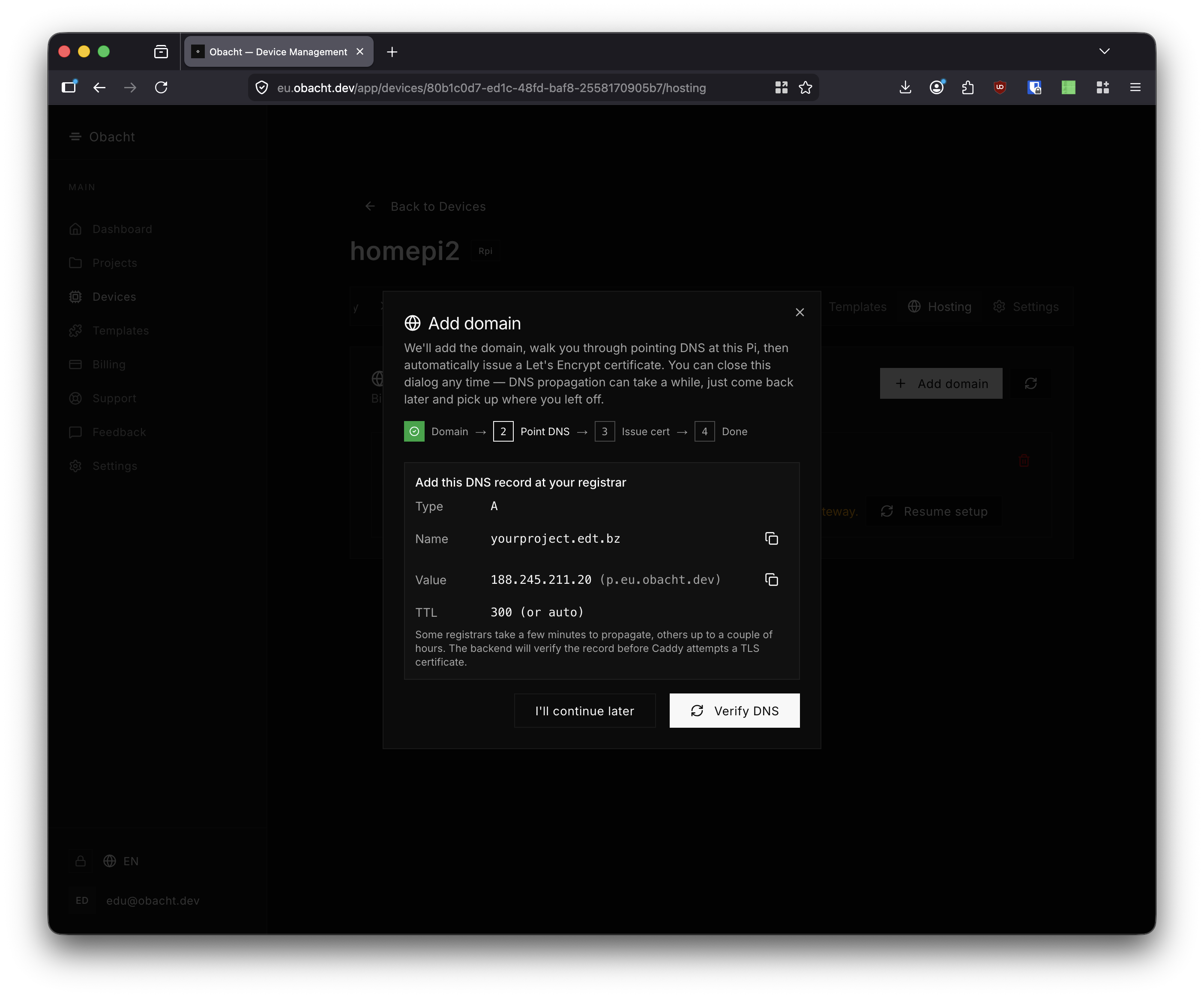 DNS record instructions