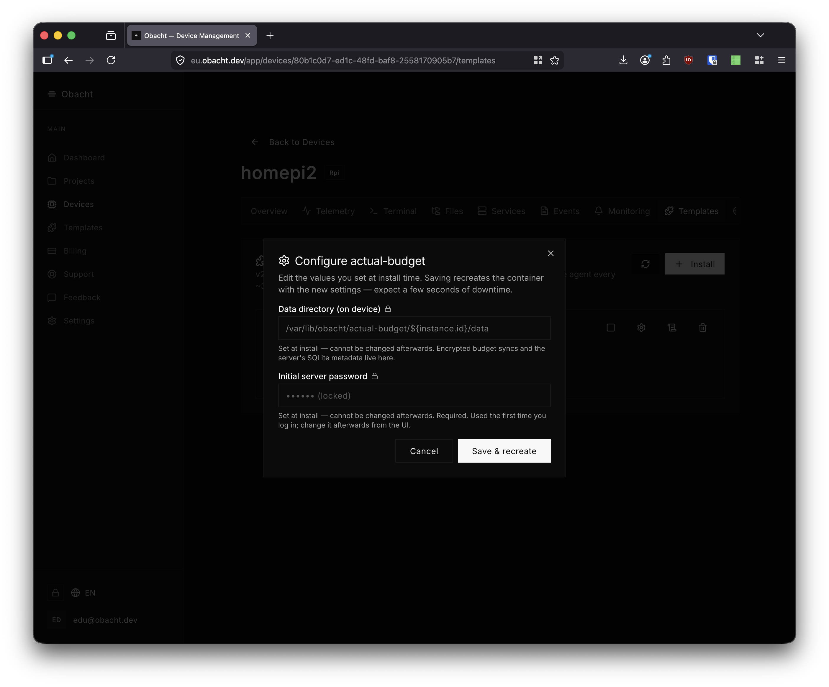 Configure template instance