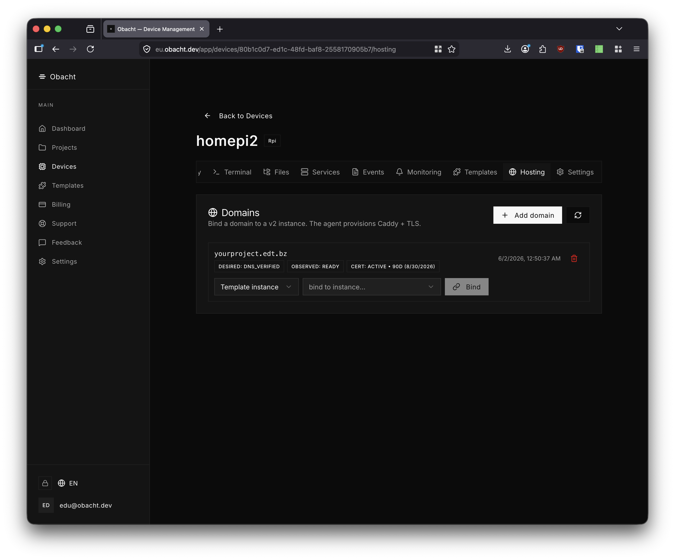 Hosting tab — template instance dropdown