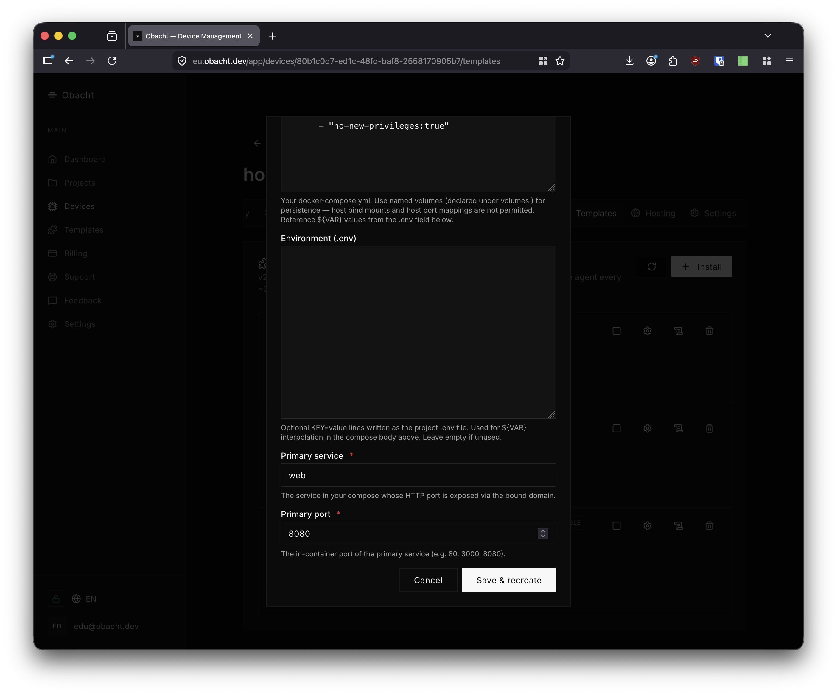 Configure — service and port fields
