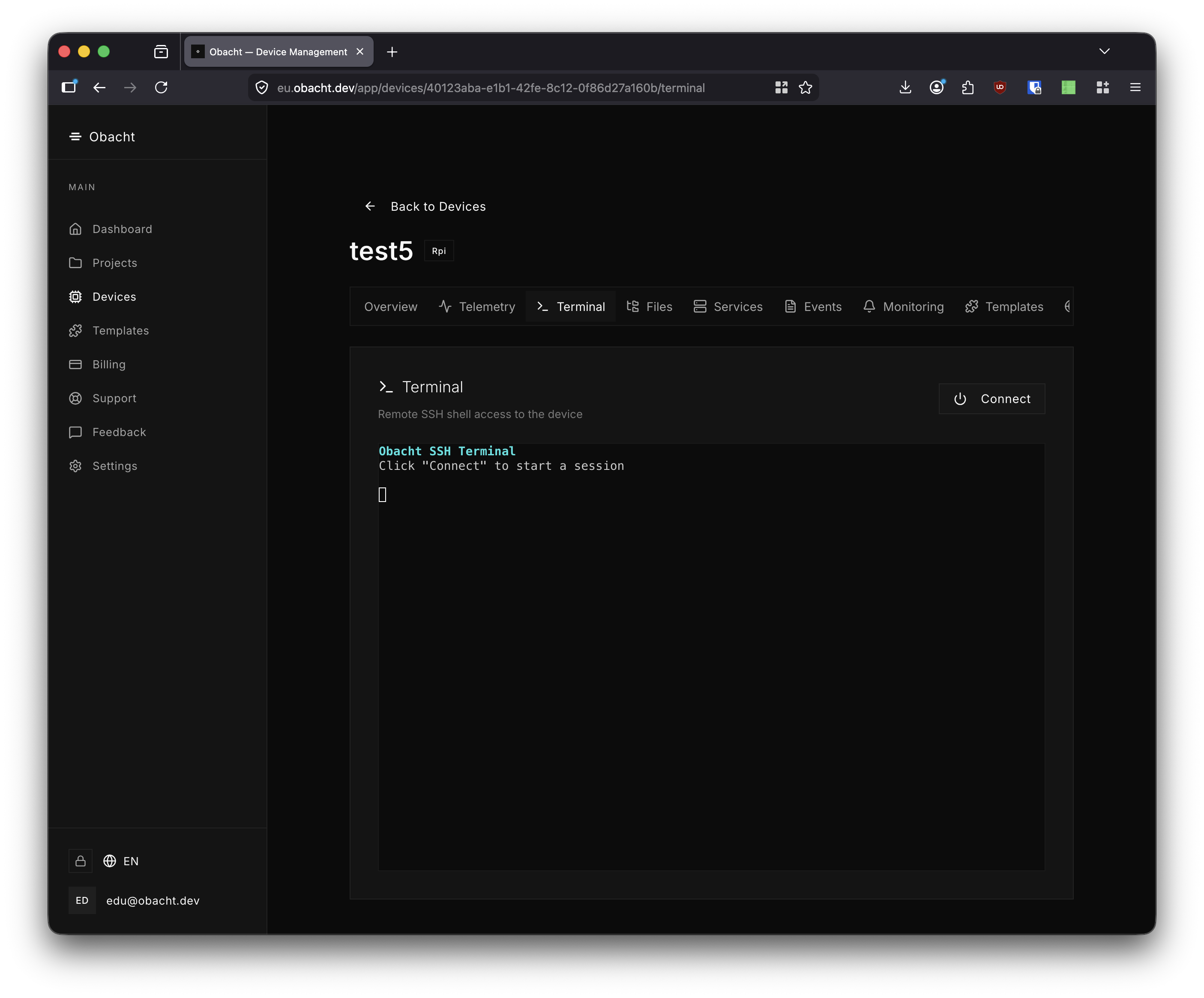 Terminal tab — Connect button