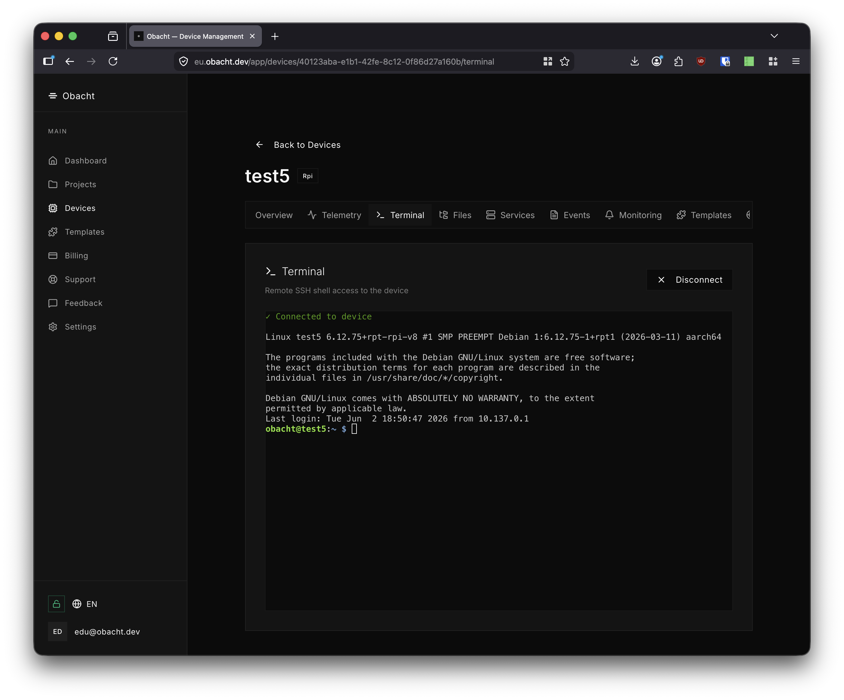 Terminal connected — shell prompt