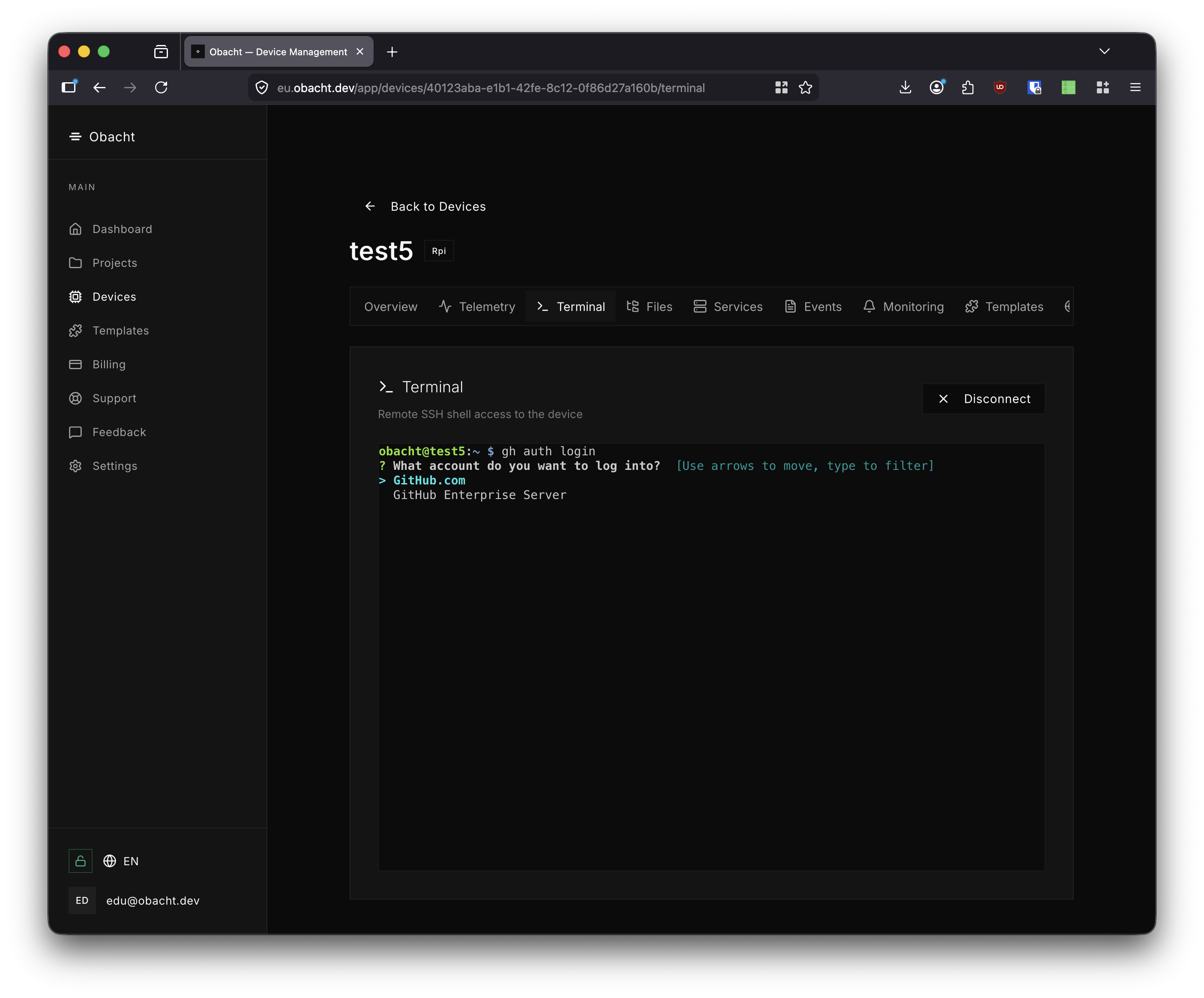 gh auth login — select GitHub.com