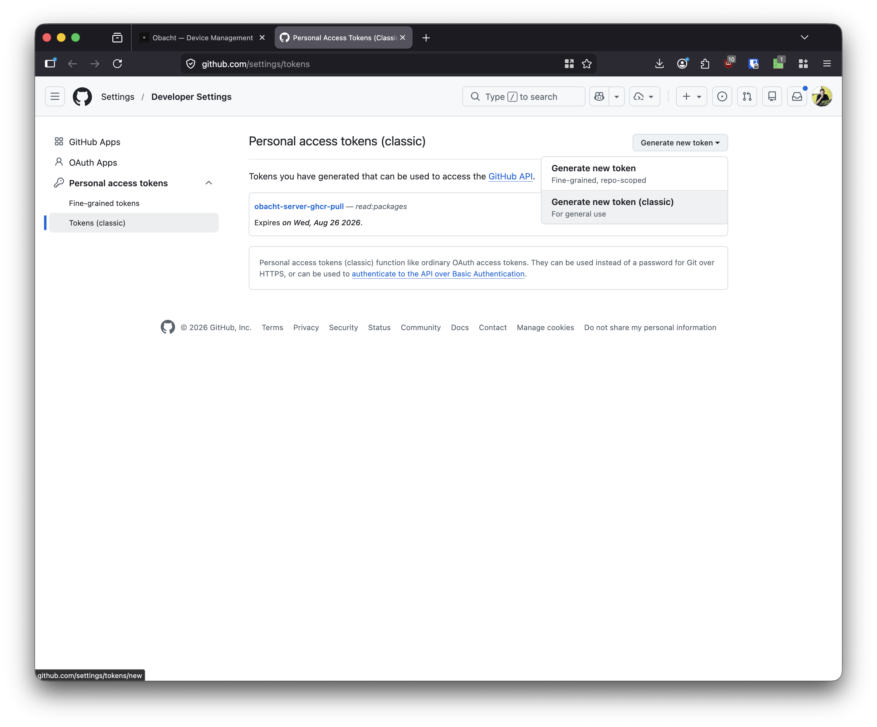 GitHub — Personal Access Tokens page