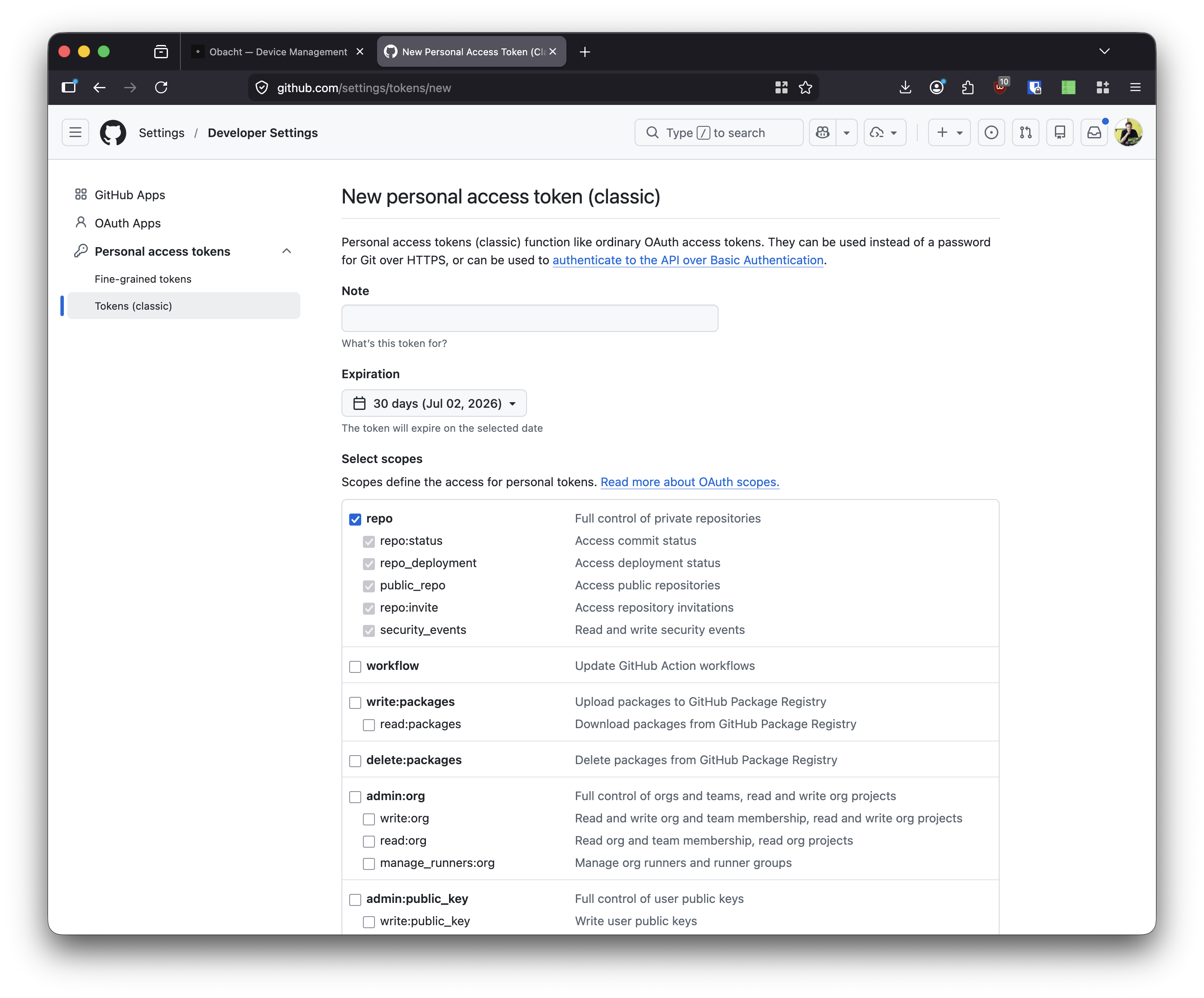 GitHub — New token form with repo scope