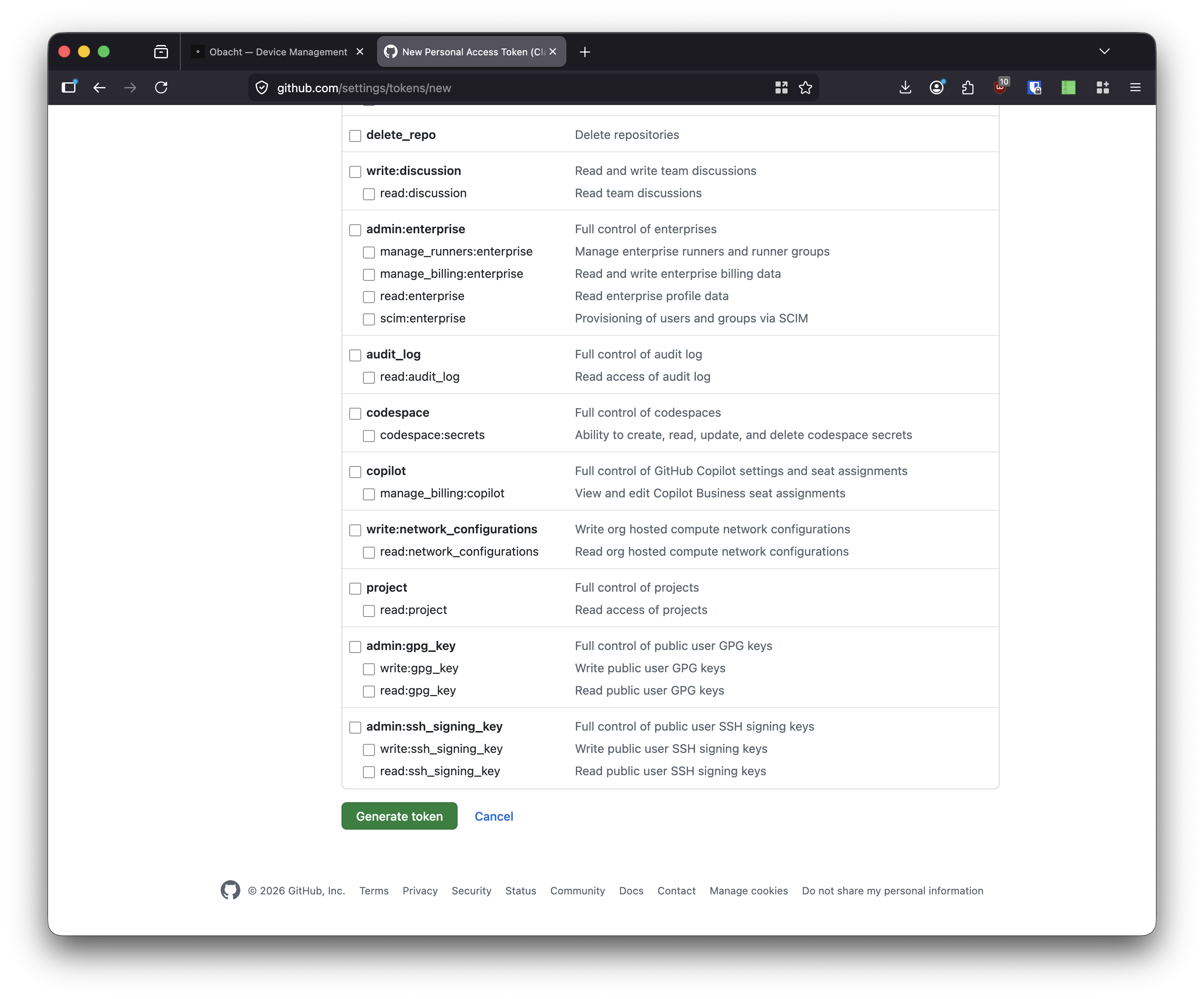 GitHub — Generate token button