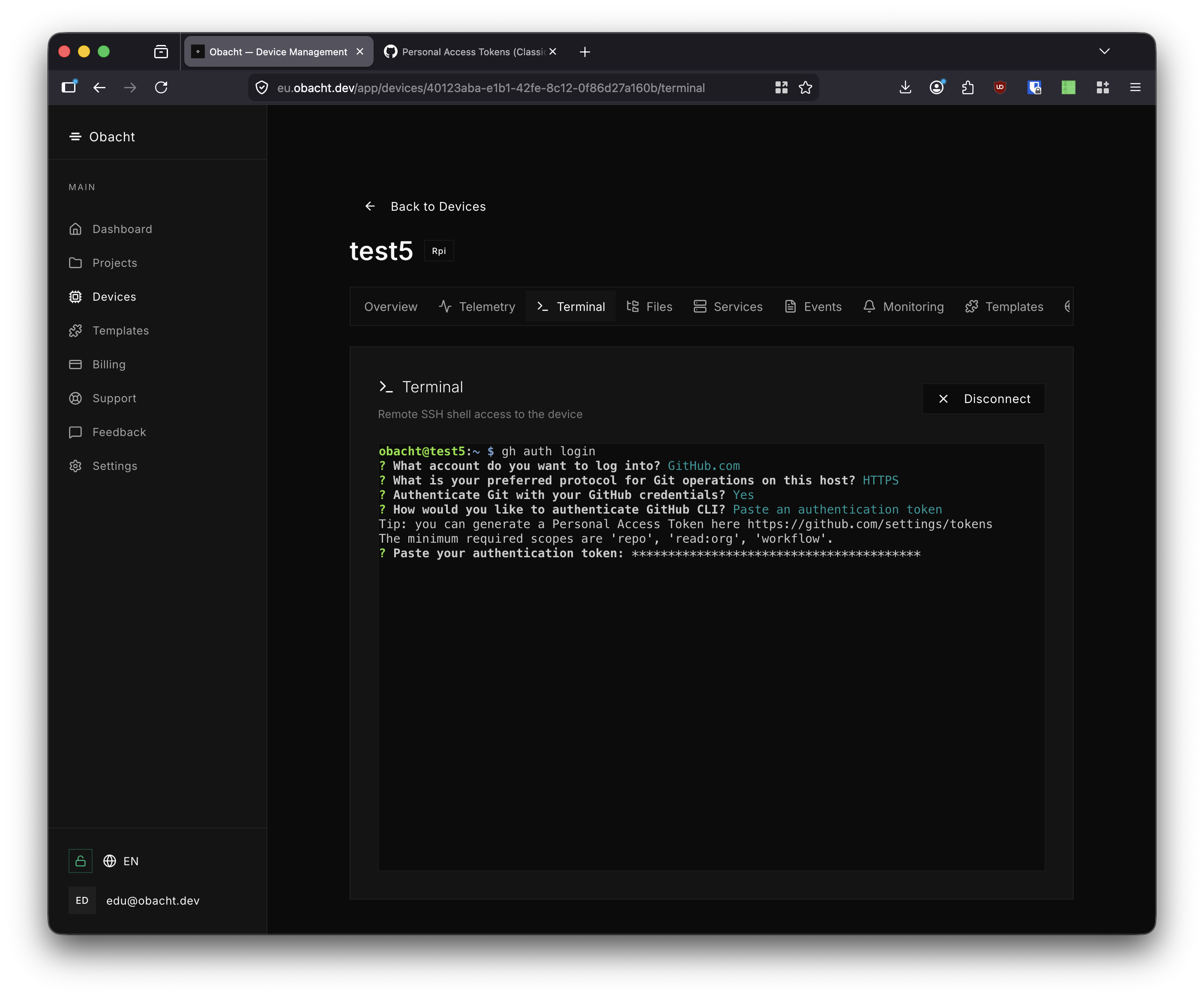 Terminal — pasting the token