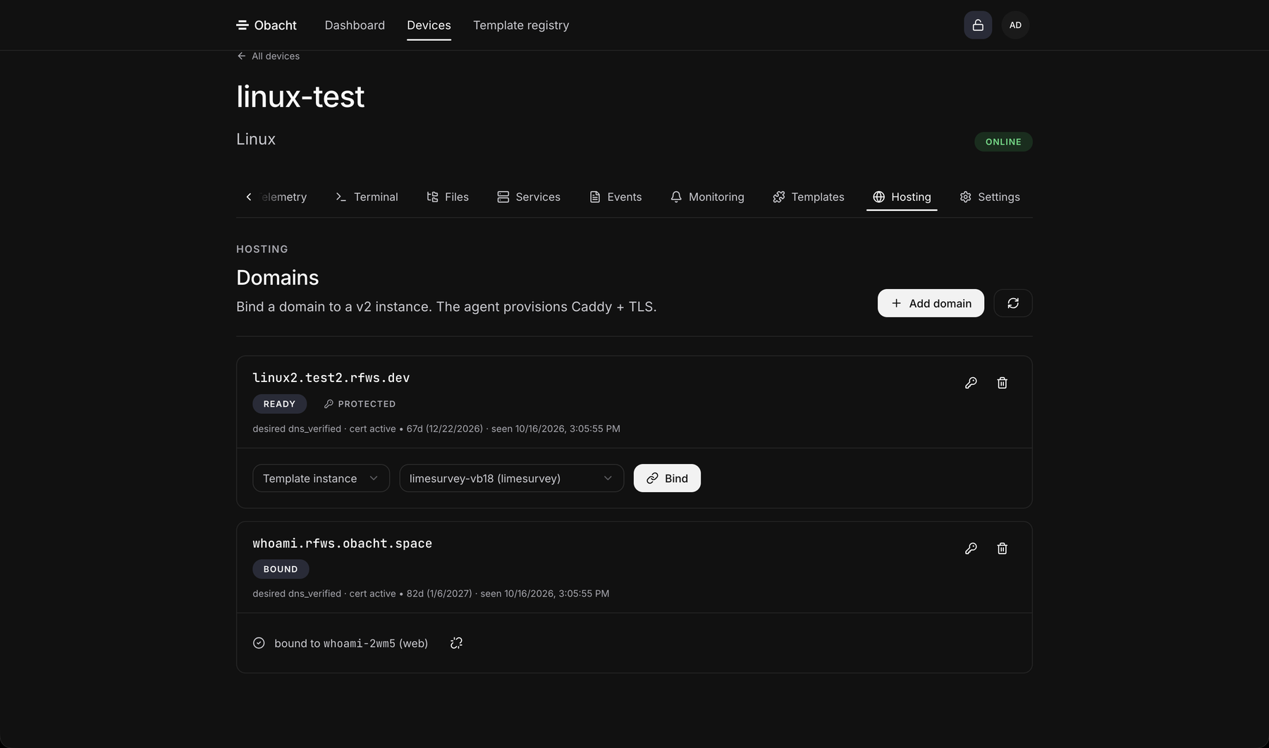 Advanced mode, Hosting tab: an address with the bind control set to an app, ready to Bind