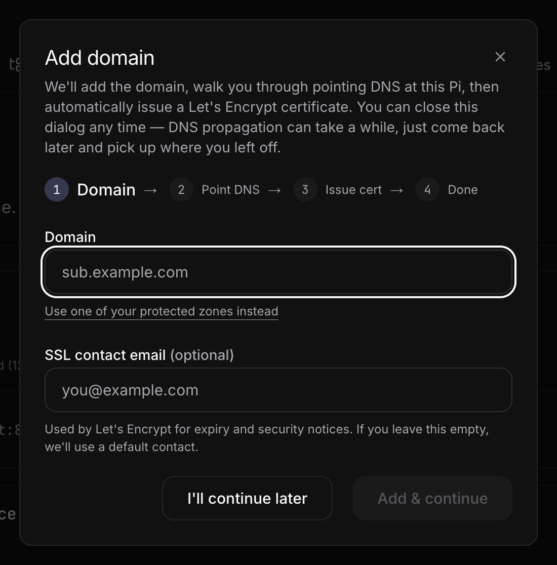 Add domain, Domain step: the name, the link to use a protected zone, and the optional SSL contact email