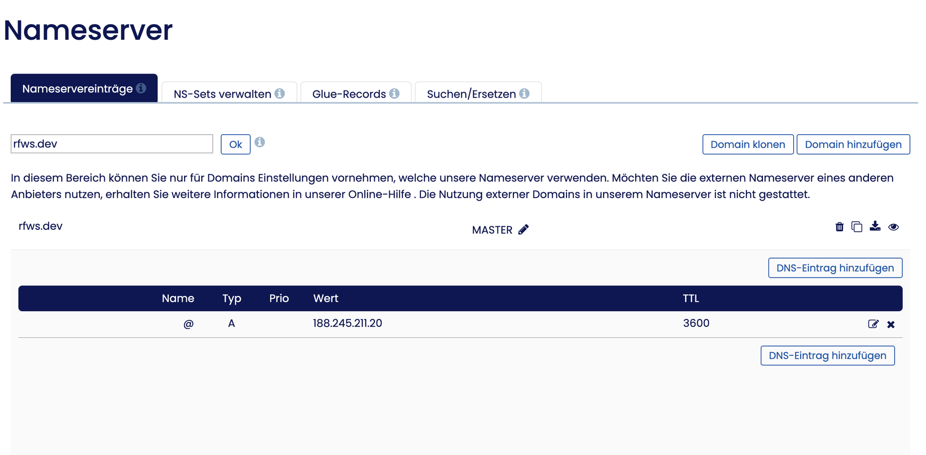 Example registrar (INWX): one A record for the domain, pointing at the gateway IP