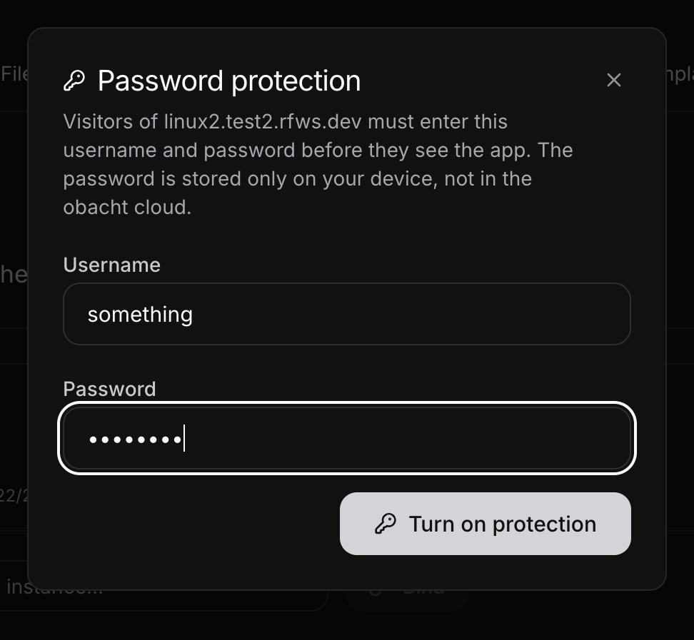 The Password protection dialog with username and password, Turn on protection