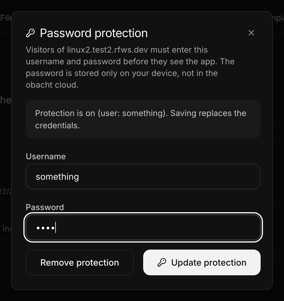 The same dialog with protection on: Update protection or Remove protection