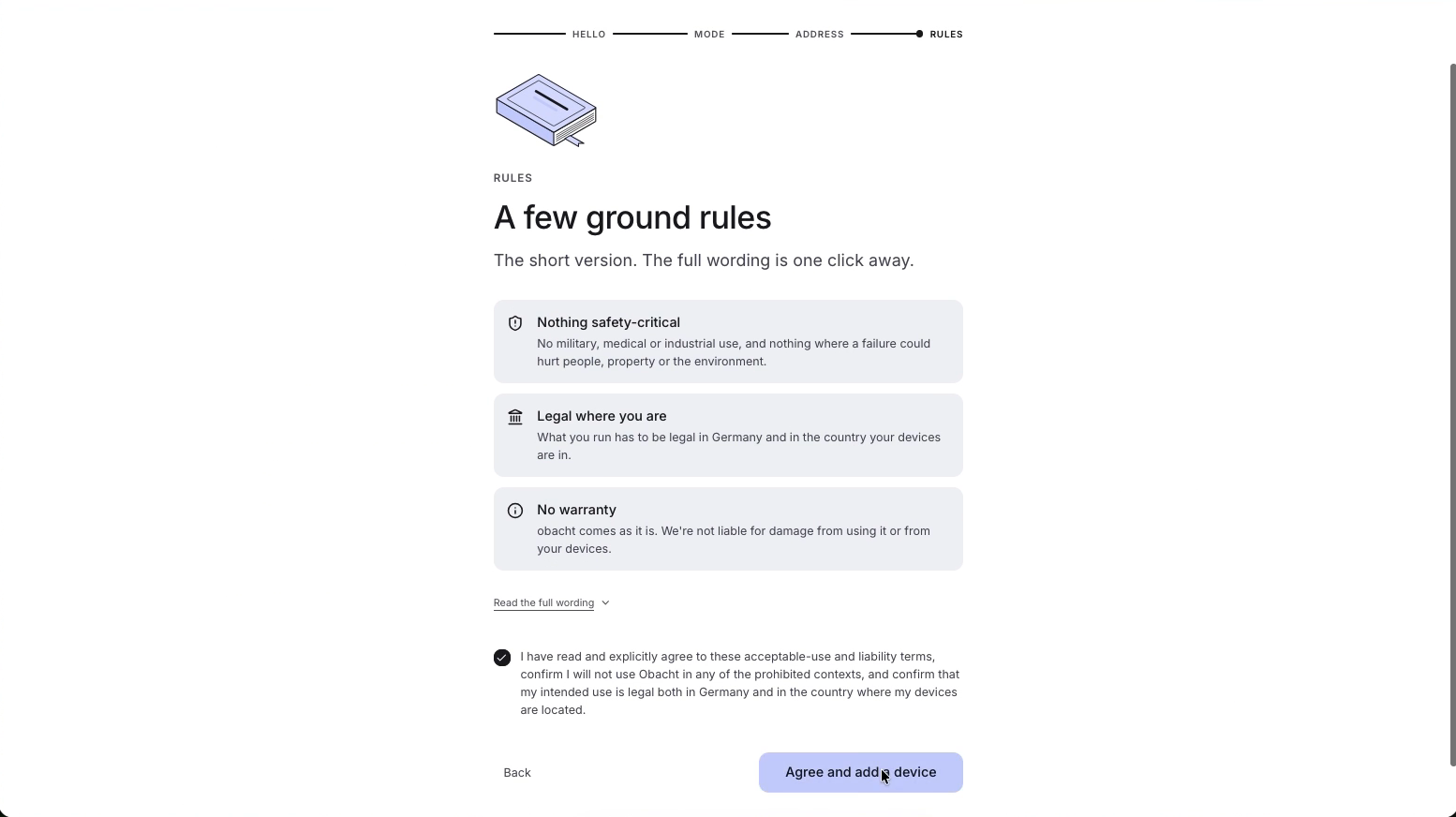 The Rules step: the three tiles, the consent checkbox and Agree and add a device