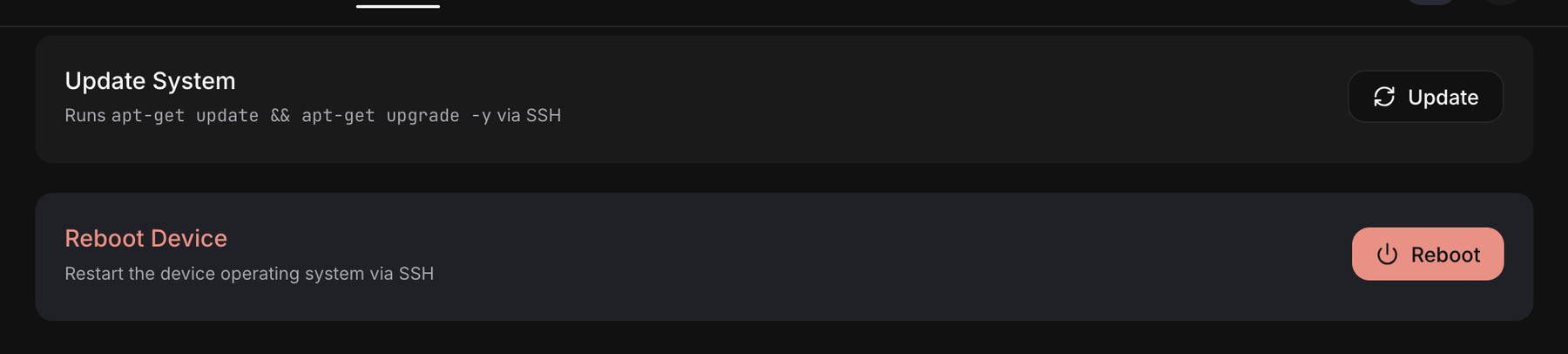 Settings tab (advanced mode): Update System and Reboot Device