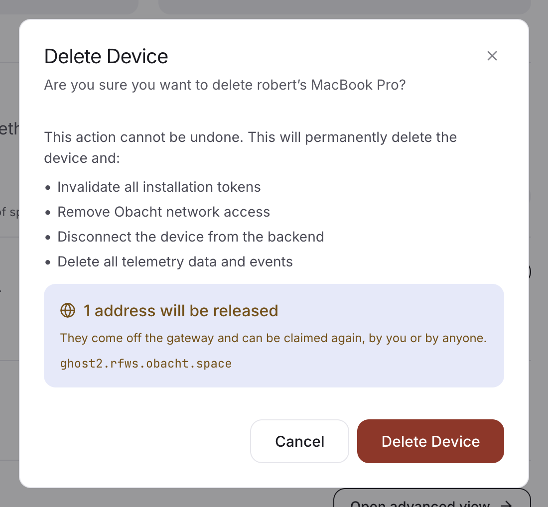 The Delete Device dialog: what goes with the device and which addresses are released