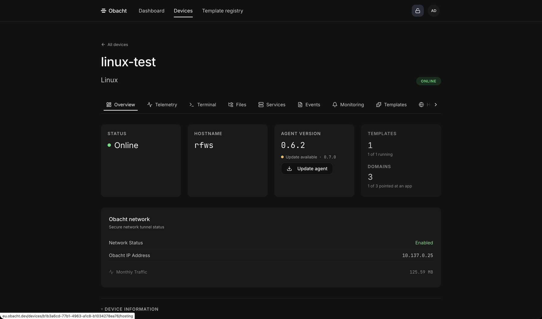 Advanced mode, Overview tab: the Agent version tile says Update available, with the Update agent button