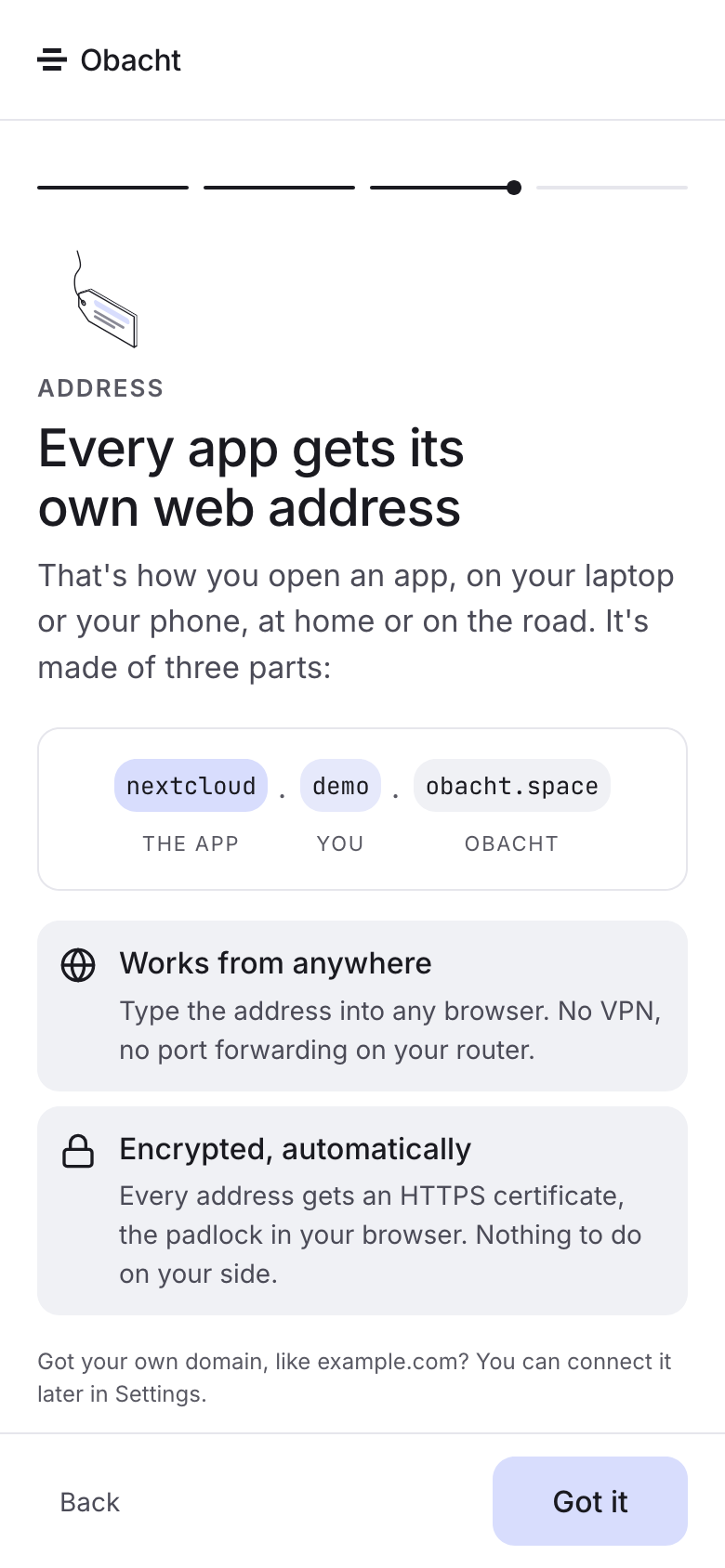 The Address step with the split address nextcloud . you . obacht.space