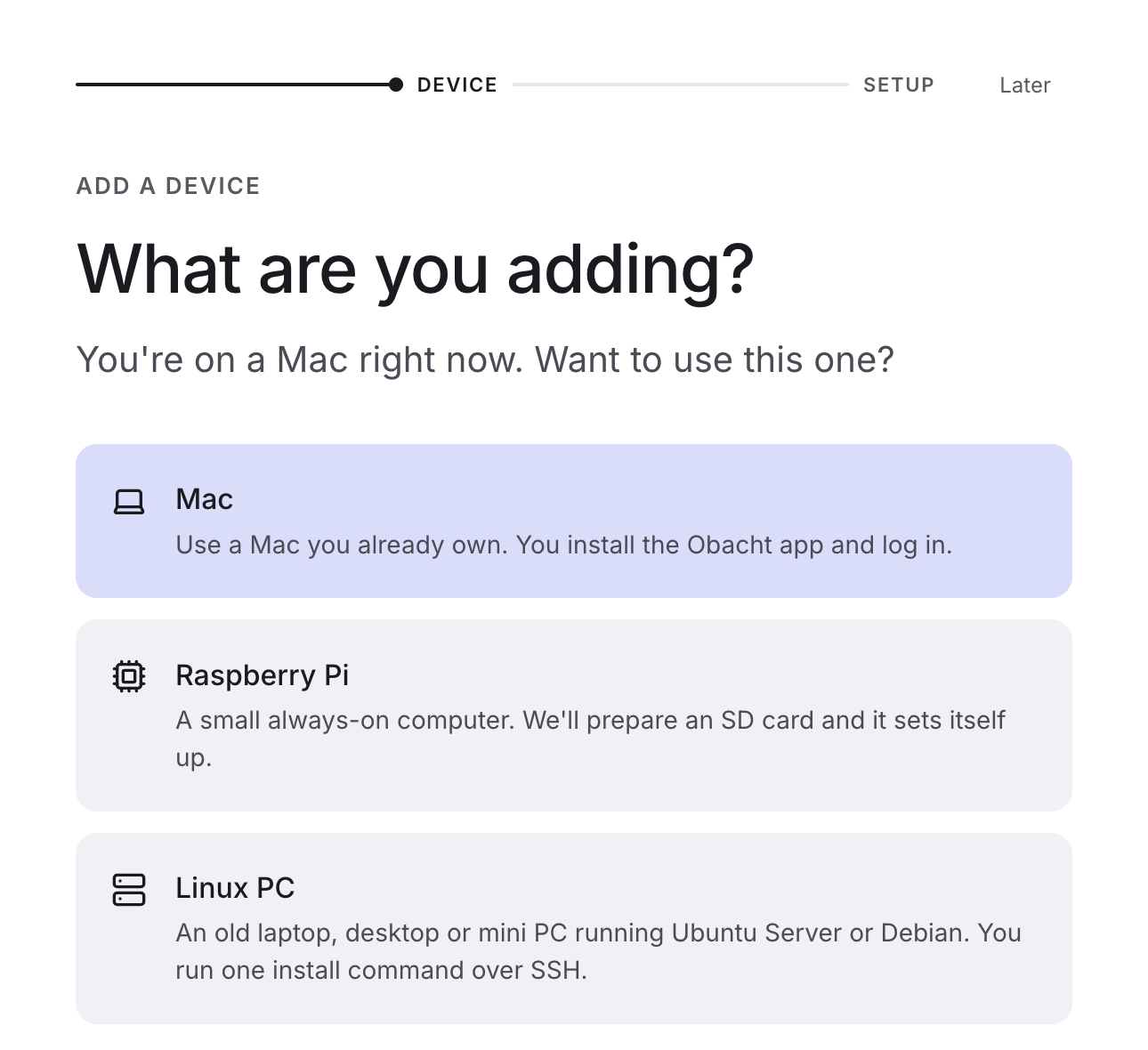 Add a device: What are you adding? with Mac, Raspberry Pi and Linux PC