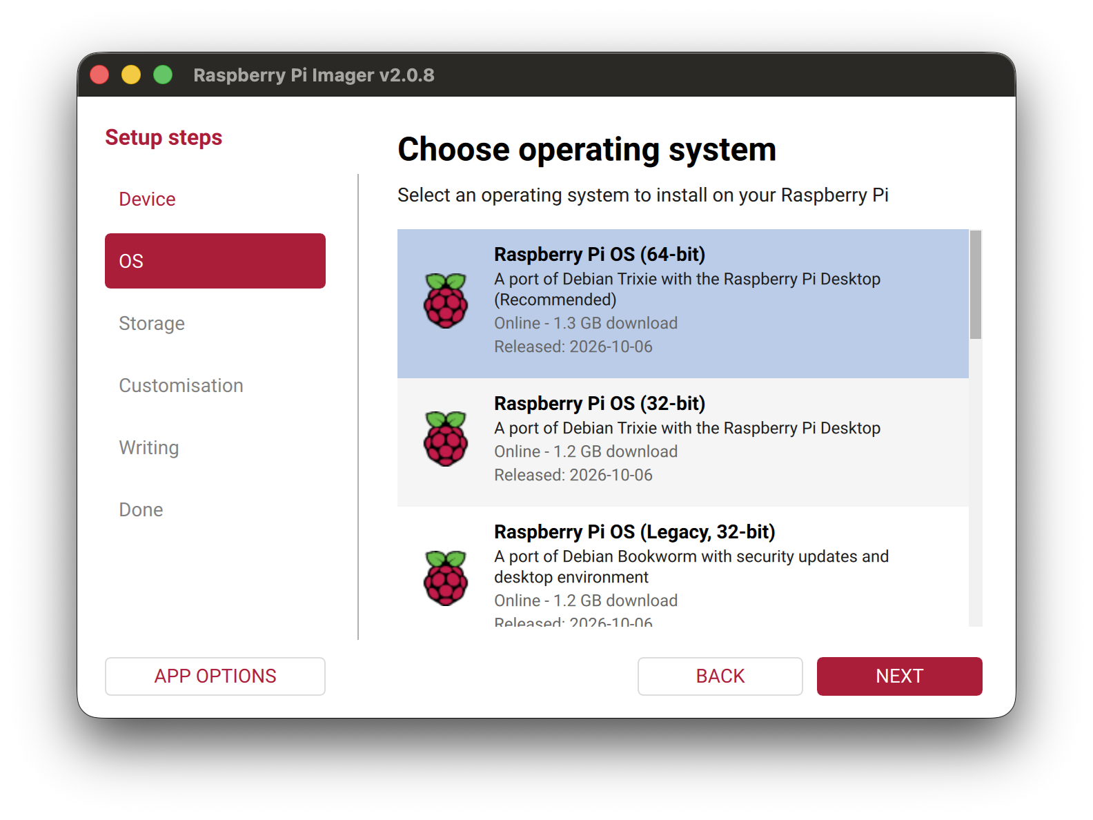 Raspberry Pi Imager, Choose operating system. The Lite version you want sits under Raspberry Pi OS (other), further down the list.