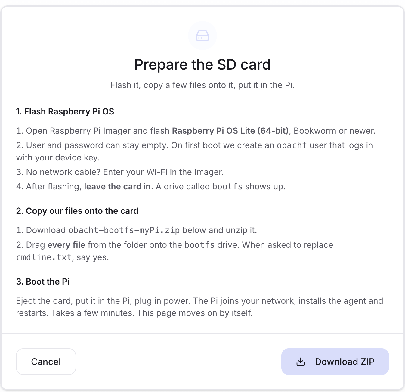 Prepare the SD card: flash, copy the files, boot, with Download ZIP