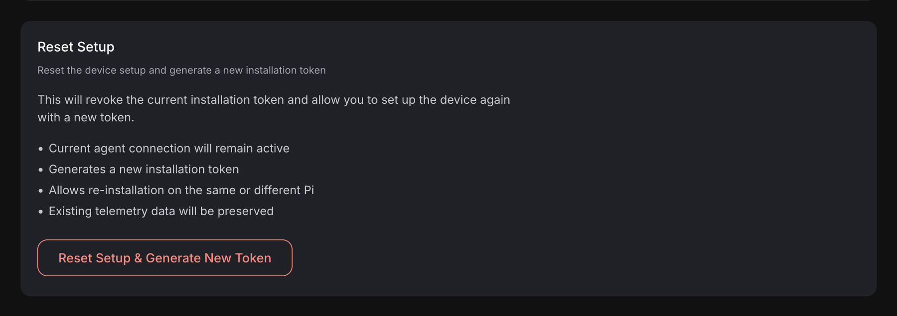 Reset Setup on the device Settings tab, with Reset Setup & Generate New Token